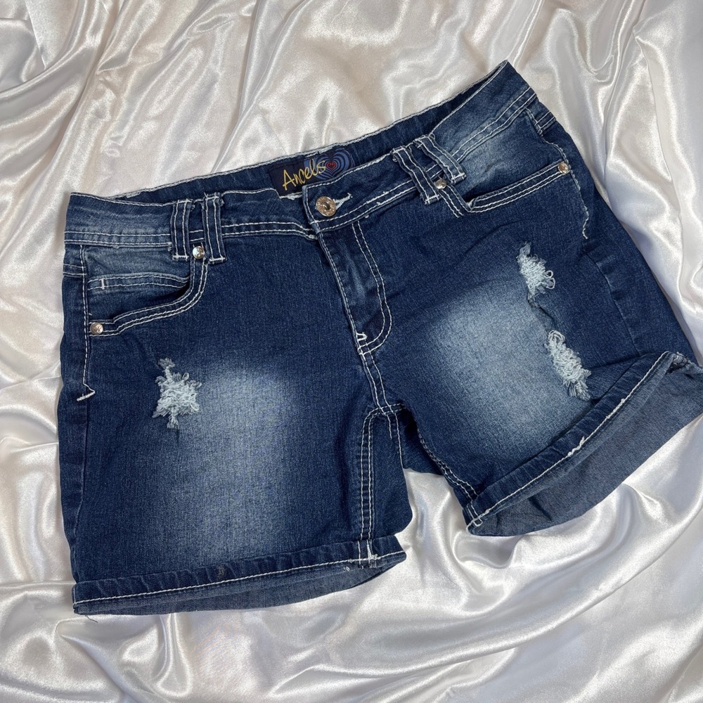 Angels Forever Young Womens Distressed Denim Shorts Dark Wash Thick Stitch Sz 11 - Picture 2 of 6